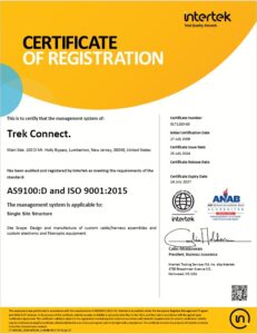 Trek Connect AS9100:D and ISO 9001:2015 Certification